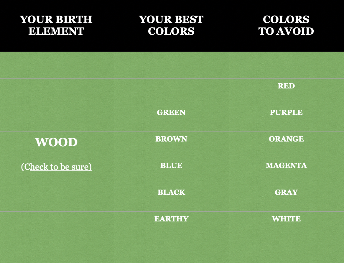 wood feng shui element colors